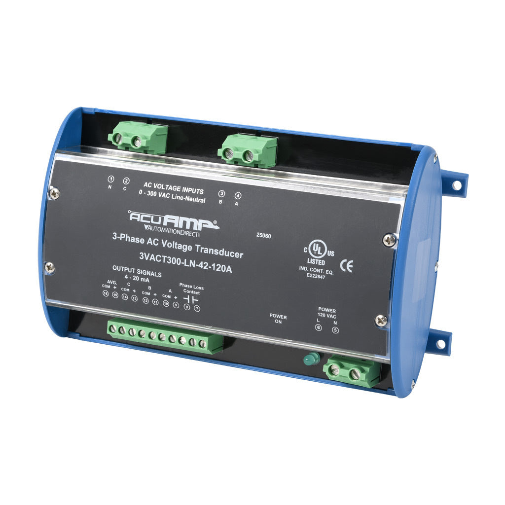 AcuAMP AC voltage transducer, 3-phase, 0-300 VAC line-to-neutral sensing range, True RMS, (4) 4-20 mA and (1) relay, SPST-N.O. output, 0.5A @ 125 VAC, 1A @ 30 VDC output rating, phase loss @ 180 VAC non-adjustable trip point, 120 VAC operating voltage.-3VACT300-LN-42-120A