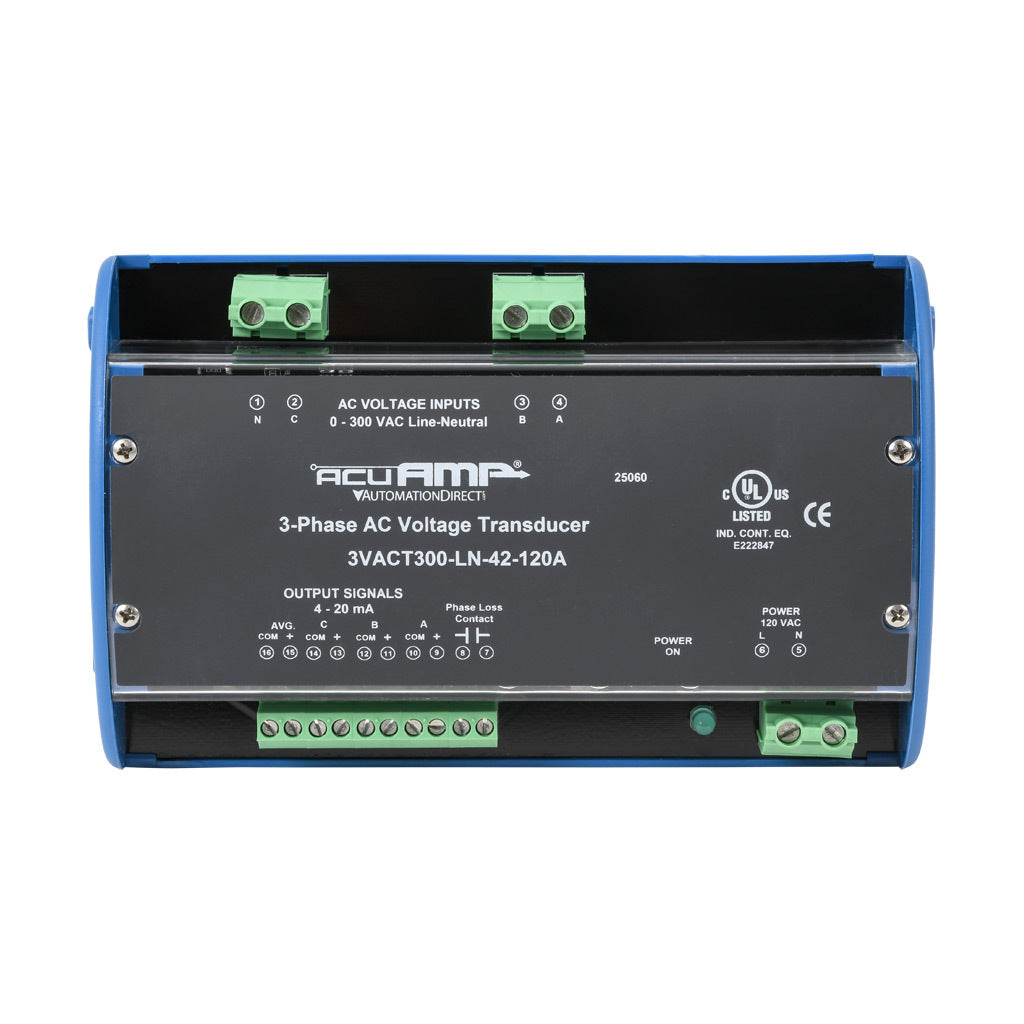 AcuAMP AC voltage transducer, 3-phase, 0-300 VAC line-to-neutral sensing range, True RMS, (4) 4-20 mA and (1) relay, SPST-N.O. output, 0.5A @ 125 VAC, 1A @ 30 VDC output rating, phase loss @ 180 VAC non-adjustable trip point, 120 VAC operating voltage.-3VACT300-LN-42-120A