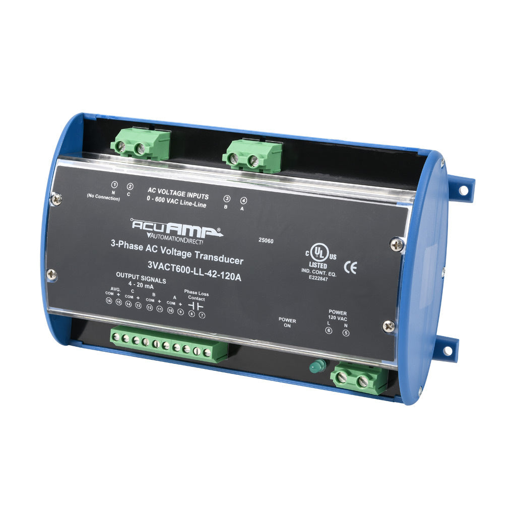 AcuAMP AC voltage transducer, 3-phase, 0-600 VAC line-to-line sensing range, True RMS, (4) 4-20 mA and (1) relay, SPST-N.O. output, 0.5A @ 125 VAC, 1A @ 30 VDC output rating, phase loss @ 360 VAC non-adjustable trip point, 120 VAC operating voltage.-3VACT600-LL-42-120A