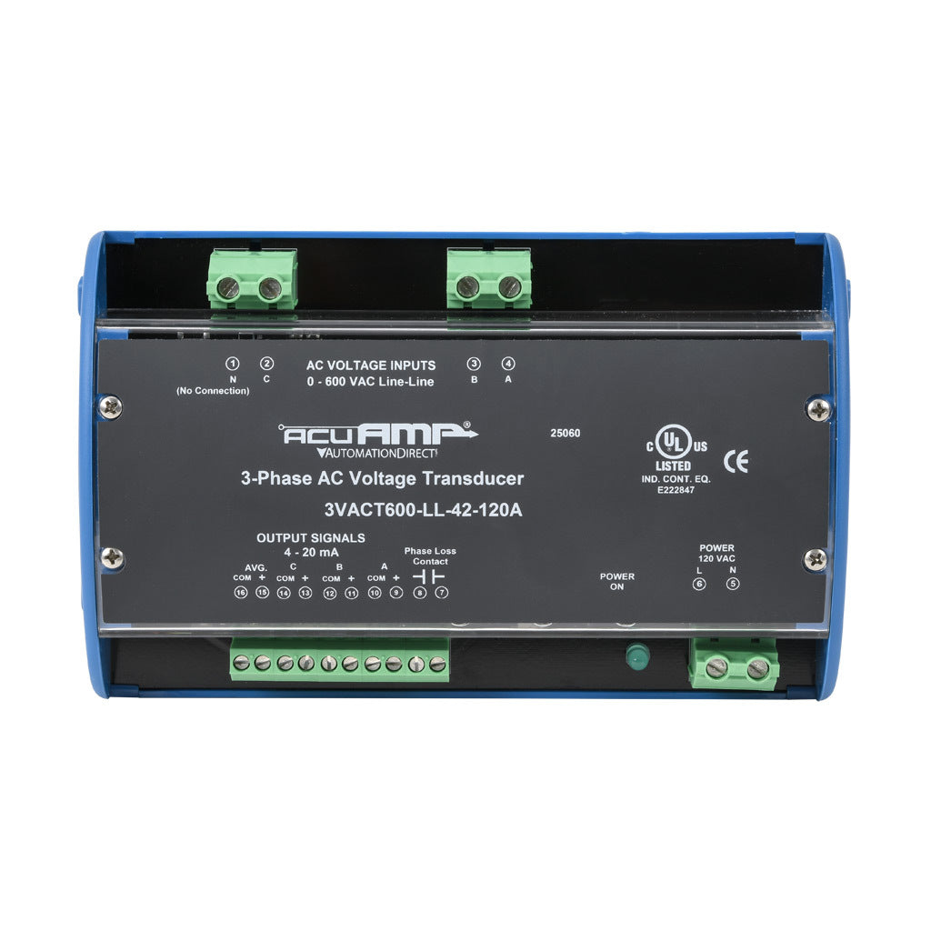 AcuAMP AC voltage transducer, 3-phase, 0-600 VAC line-to-line sensing range, True RMS, (4) 4-20 mA and (1) relay, SPST-N.O. output, 0.5A @ 125 VAC, 1A @ 30 VDC output rating, phase loss @ 360 VAC non-adjustable trip point, 120 VAC operating voltage.-3VACT600-LL-42-120A