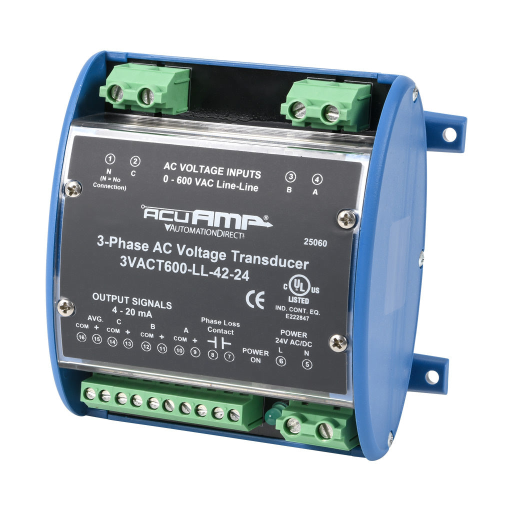 AcuAMP AC voltage transducer, 3-phase, 0-600 VAC line-to-line sensing range, True RMS, (4) 4-20 mA and (1) relay, SPST-N.O. output, 0.5A @ 125 VAC, 1A @ 30 VDC output rating, phase loss @ 360 VAC non-adjustable trip point, 24 VAC/VDC operating voltage.-3VACT600-LL-42-24