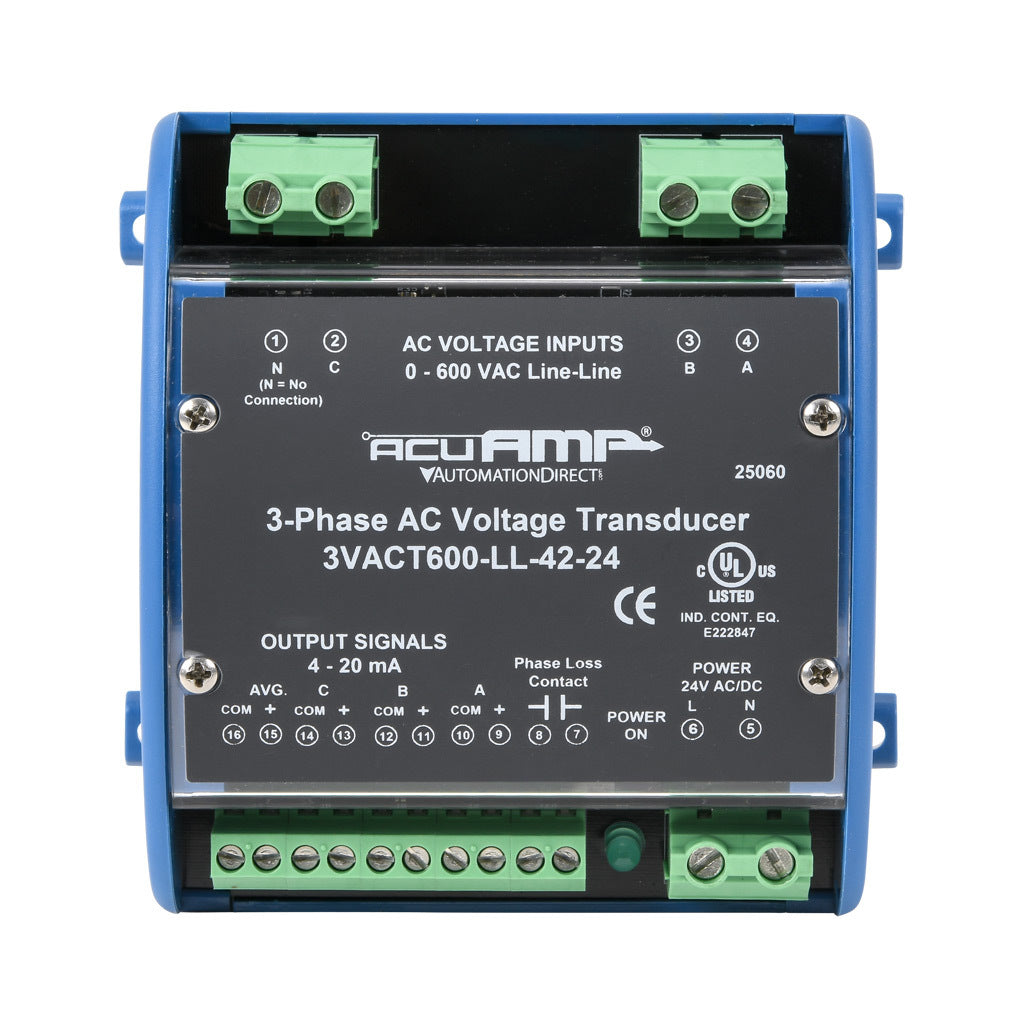 AcuAMP AC voltage transducer, 3-phase, 0-600 VAC line-to-line sensing range, True RMS, (4) 4-20 mA and (1) relay, SPST-N.O. output, 0.5A @ 125 VAC, 1A @ 30 VDC output rating, phase loss @ 360 VAC non-adjustable trip point, 24 VAC/VDC operating voltage.-3VACT600-LL-42-24