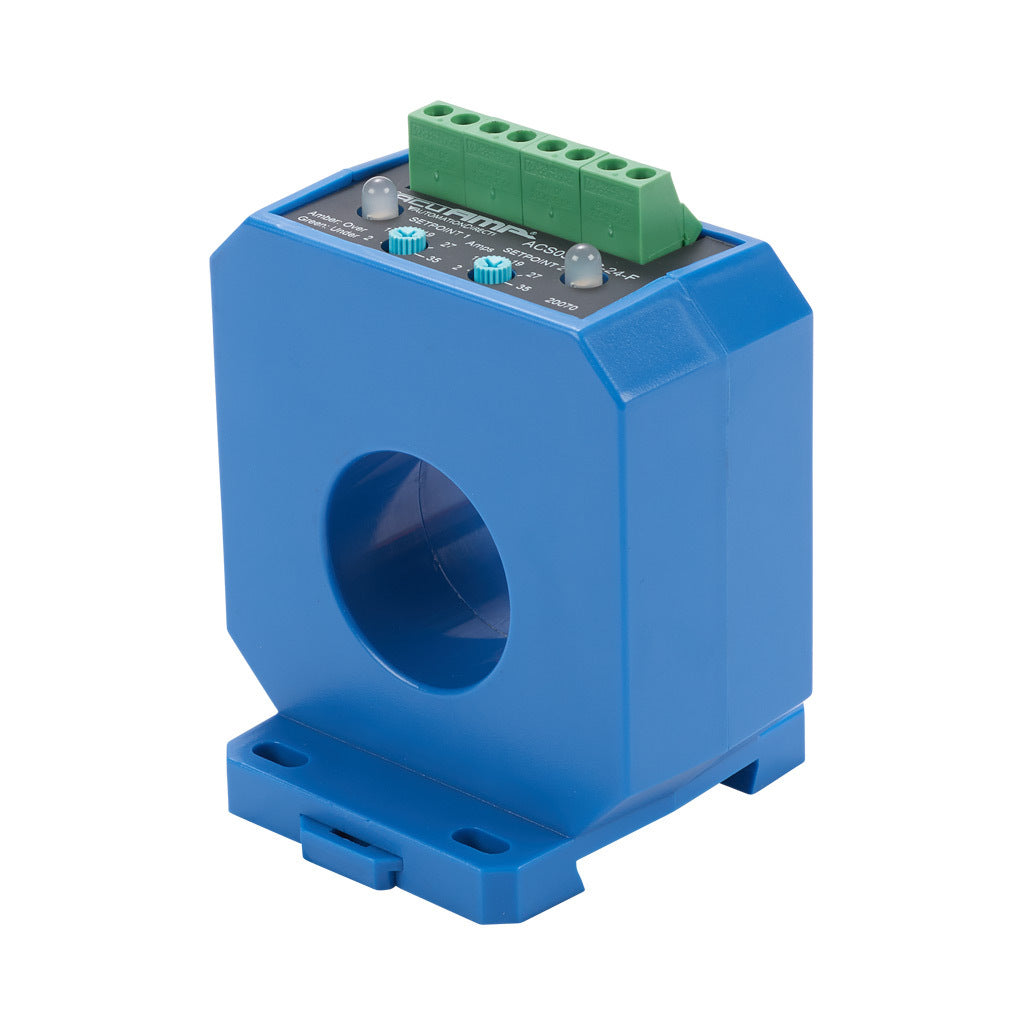 AcuAMP AC current switch, fixed core, 2-35A sensing range, (2) 2-35A adjustable trip point, (2) single-turn potentiometers, (2) SPDT relays output, 1A @ 120 VAC, 2A @ 30 VDC output rating.-ACS035-2C-24-F