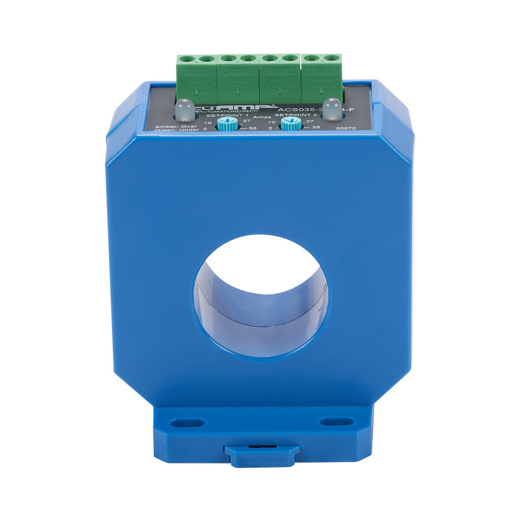 AcuAMP AC current switch, fixed core, 2-35A sensing range, (2) 2-35A adjustable trip point, (2) single-turn potentiometers, (2) SPDT relays output, 1A @ 120 VAC, 2A @ 30 VDC output rating.-ACS035-2C-24-F