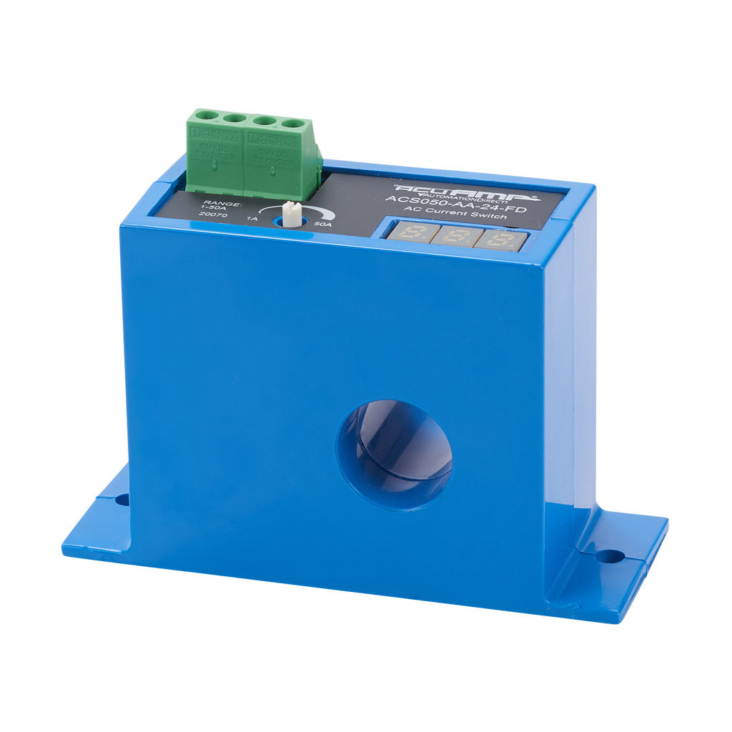 AcuAMP AC current switch, fixed core, 1-50A sensing range, 1-50A adjustable trip point, single-turn potentiometer with trip point display, solid state switch, N.O. output, 1A @ 240 VAC output rating.-ACS050-AA-24-FD