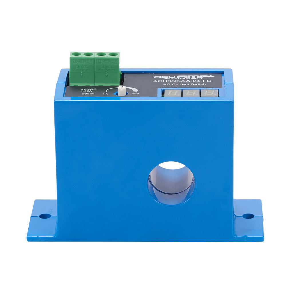 AcuAMP AC current switch, fixed core, 1-50A sensing range, 1-50A adjustable trip point, single-turn potentiometer with trip point display, solid state switch, N.O. output, 1A @ 240 VAC output rating.-ACS050-AA-24-FD