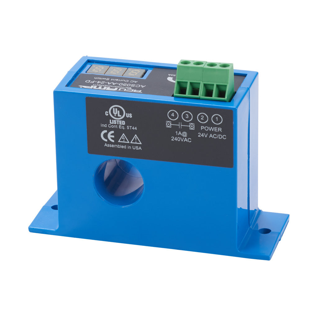 AcuAMP AC current switch, fixed core, 1-50A sensing range, 1-50A adjustable trip point, single-turn potentiometer with trip point display, solid state switch, N.O. output, 1A @ 240 VAC output rating.-ACS050-AA-24-FD