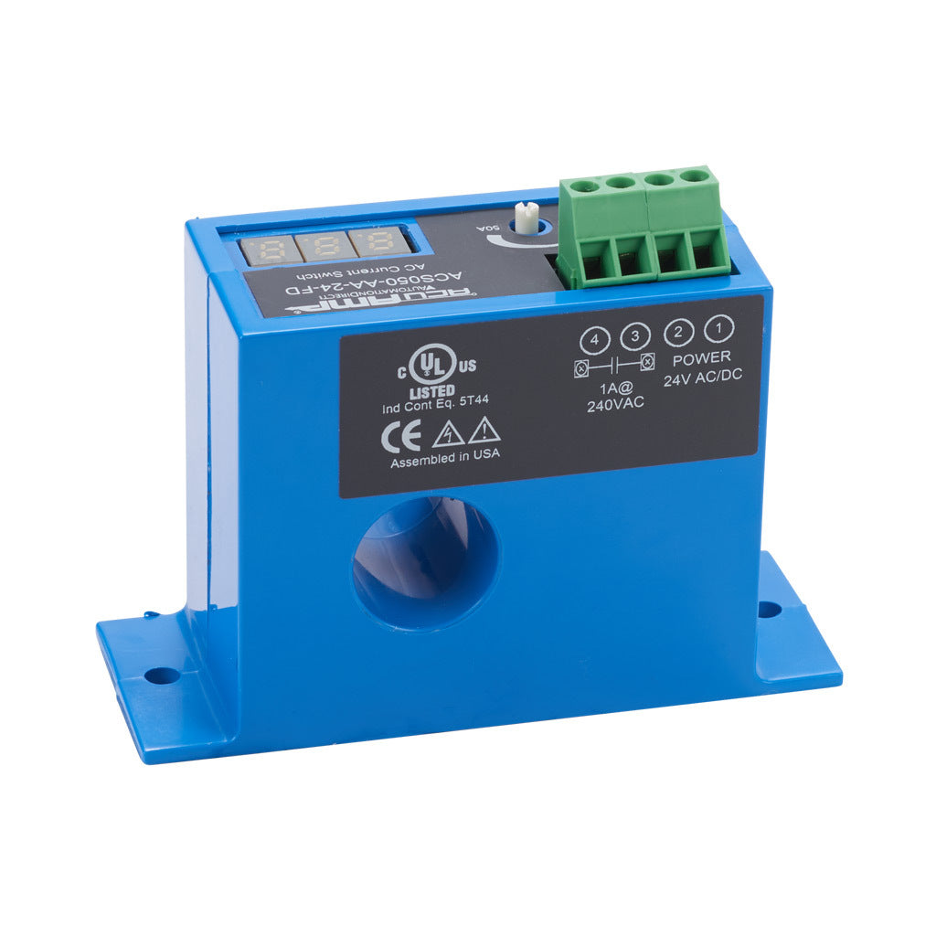 AcuAMP AC current switch, fixed core, 1-50A sensing range, 1-50A adjustable trip point, single-turn potentiometer with trip point display, solid state switch, N.O. output, 1A @ 240 VAC output rating.-ACS050-AA-24-FD