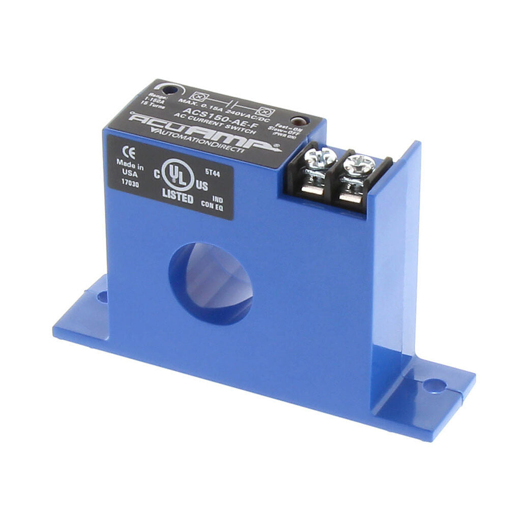 AcuAMP AC current switch, fixed core, 1-150A sensing range, 1-150A adjustable trip point, 15-turn potentiometer, solid state switch, N.O. output, 0.15A @ 240 VAC/VDC output rating.-ACS150-AE-F