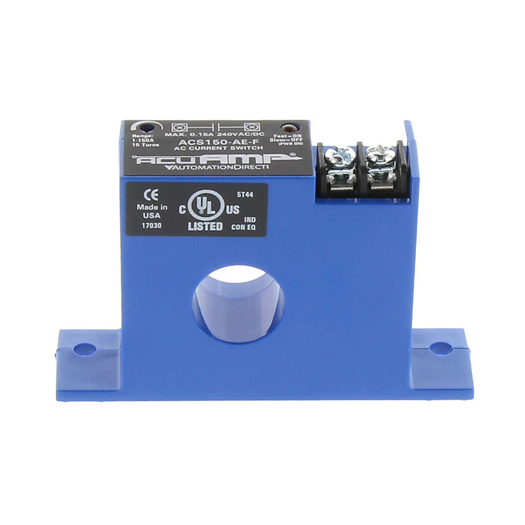 AcuAMP AC current switch, fixed core, 1-150A sensing range, 1-150A adjustable trip point, 15-turn potentiometer, solid state switch, N.O. output, 0.15A @ 240 VAC/VDC output rating.-ACS150-AE-F