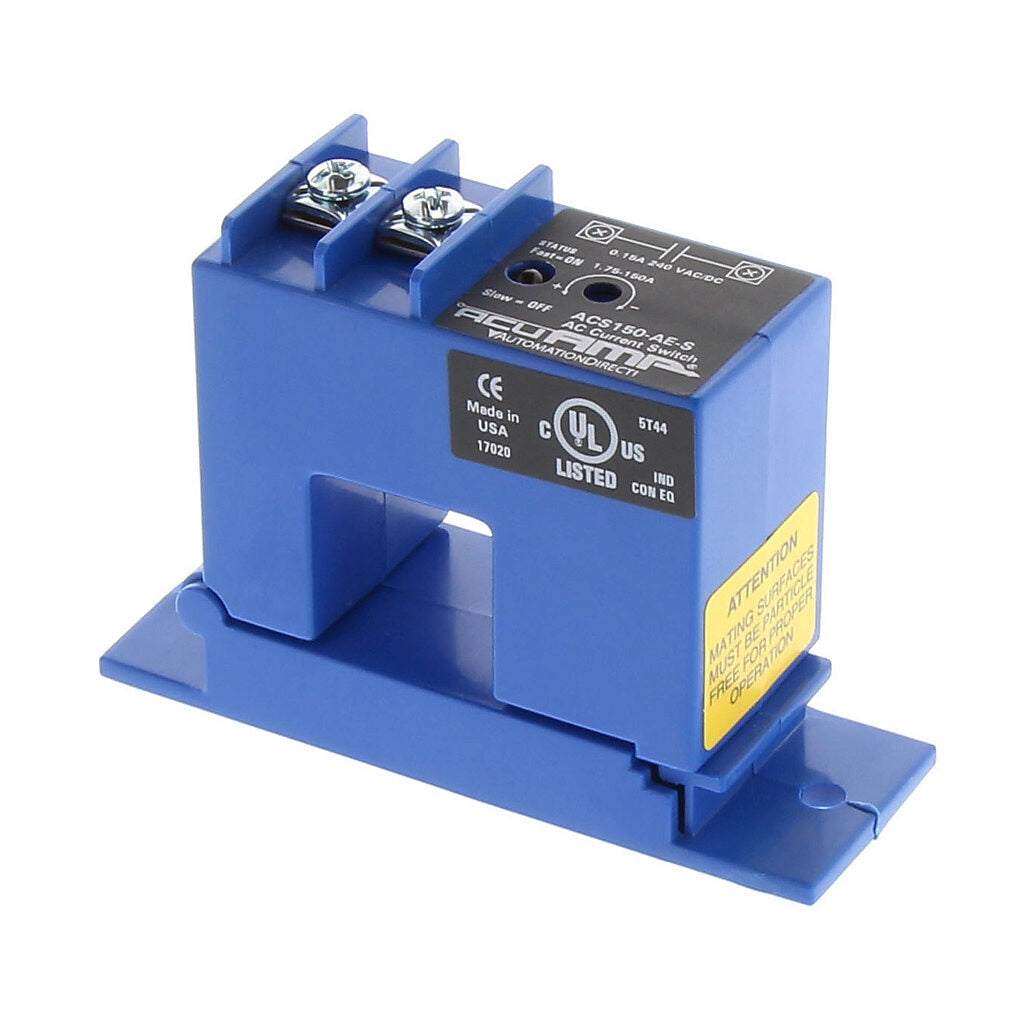 AcuAMP AC current switch, split core, 1.75-150A sensing range, 1.75-150A adjustable trip point, 4-turn potentiometer, solid state switch, N.O. output, 0.15A @ 240 VAC/VDC output rating.-ACS150-AE-S