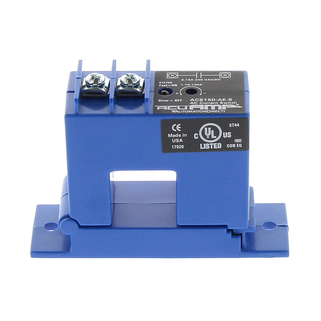 AcuAMP AC current switch, split core, 1.75-150A sensing range, 1.75-150A adjustable trip point, 4-turn potentiometer, solid state switch, N.O. output, 0.15A @ 240 VAC/VDC output rating.-ACS150-AE-S