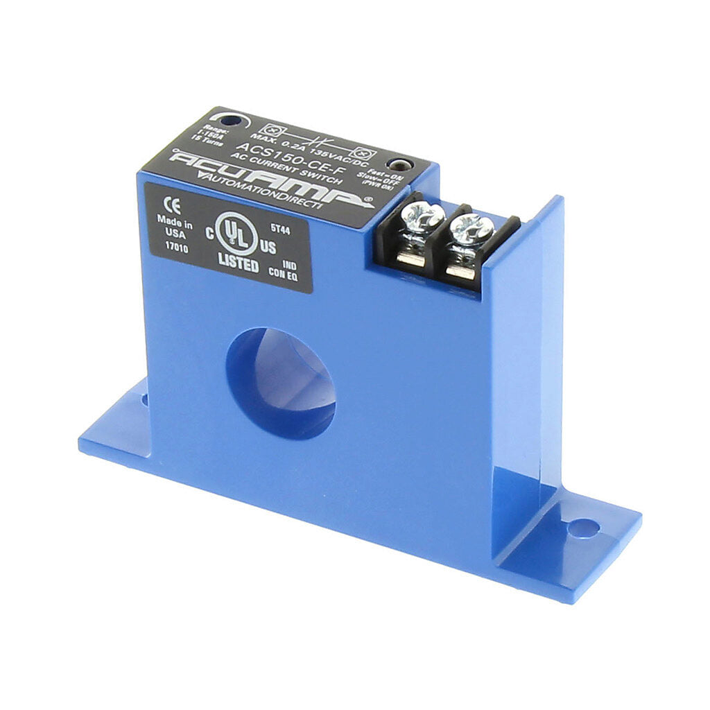 AcuAMP AC current switch, fixed core, 1-150A sensing range, 1-150A adjustable trip point, 15-turn potentiometer, solid state switch, N.C. output, 0.2A @ 135 VAC/VDC output rating.-ACS150-CE-F