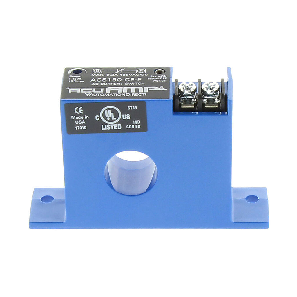 AcuAMP AC current switch, fixed core, 1-150A sensing range, 1-150A adjustable trip point, 15-turn potentiometer, solid state switch, N.C. output, 0.2A @ 135 VAC/VDC output rating.-ACS150-CE-F