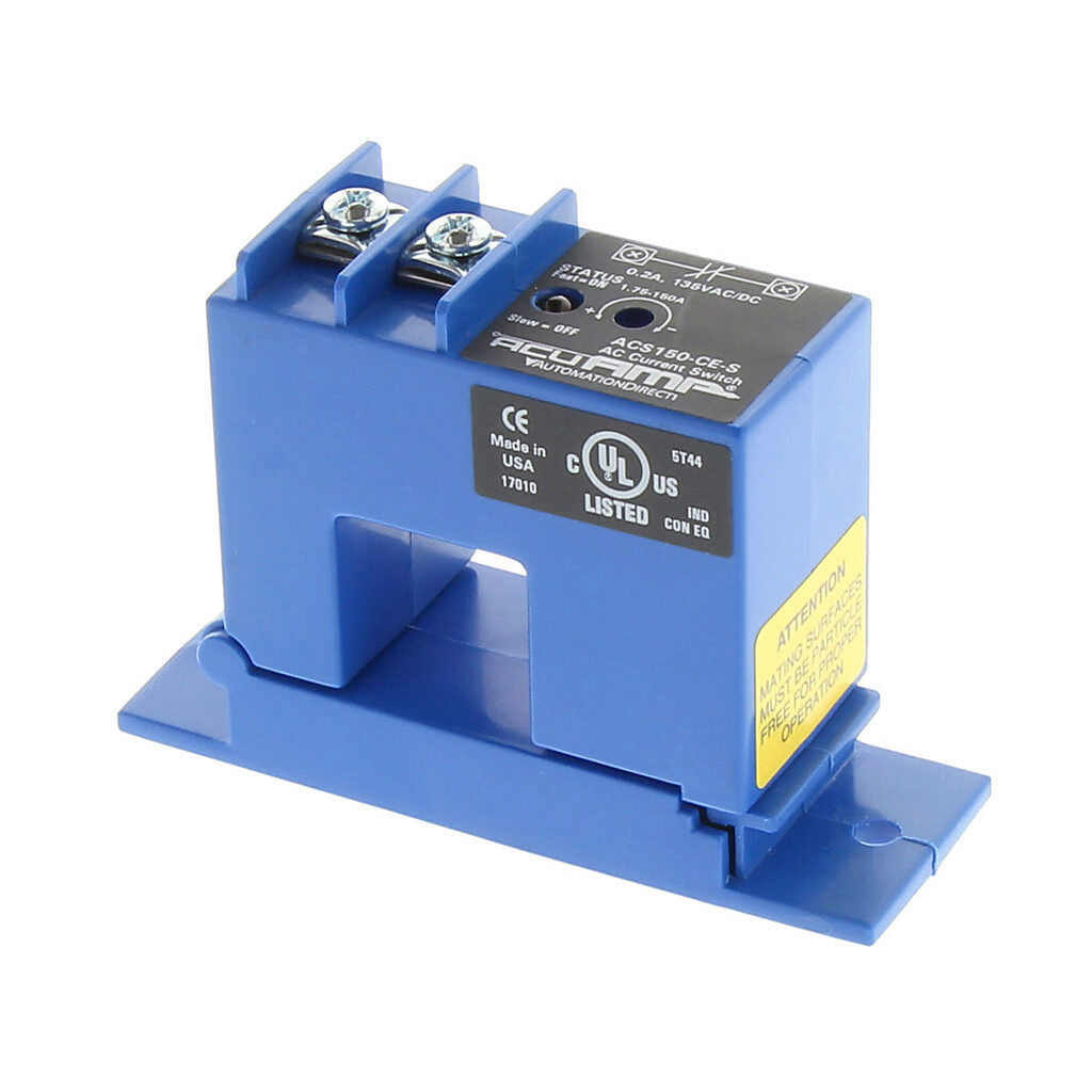 AcuAMP AC current switch, split core, 1.75-150A sensing range, 1.75-150A adjustable trip point, 4-turn potentiometer, solid state switch, N.C. output, 0.2A @ 135 VAC/VDC output rating.-ACS150-CE-S
