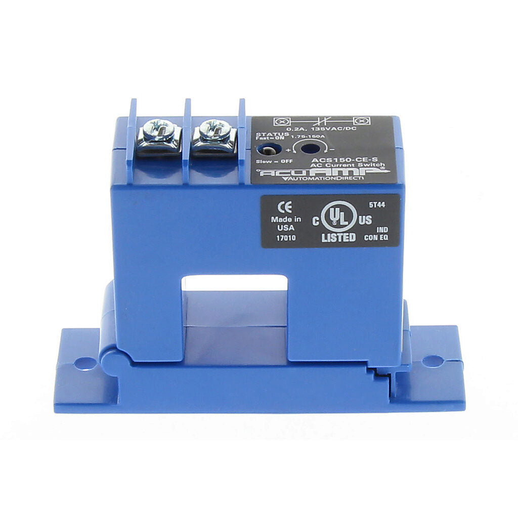 AcuAMP AC current switch, split core, 1.75-150A sensing range, 1.75-150A adjustable trip point, 4-turn potentiometer, solid state switch, N.C. output, 0.2A @ 135 VAC/VDC output rating.-ACS150-CE-S