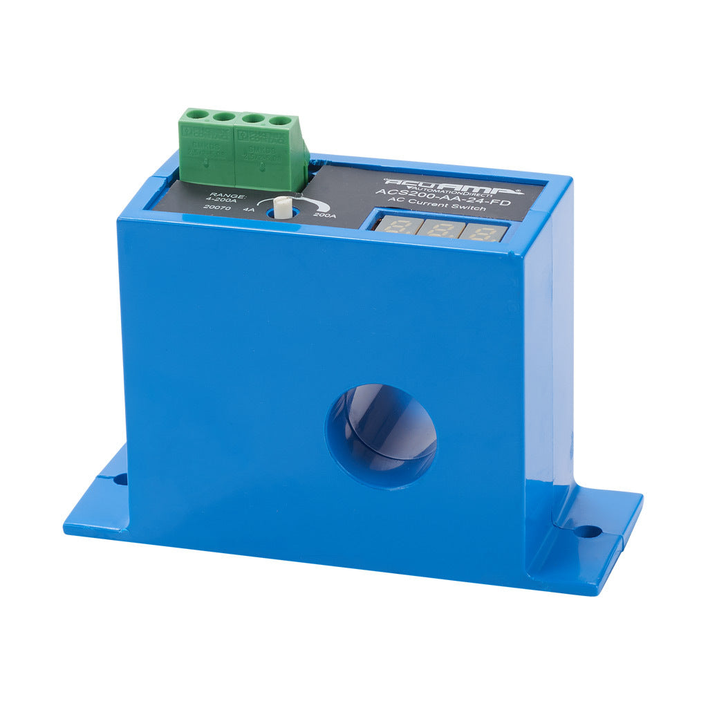 AcuAMP AC current switch, fixed core, 4-200A sensing range, 4-200A adjustable trip point, single-turn potentiometer with trip point display, solid state switch, N.O. output, 1A @ 240 VAC output rating.-ACS200-AA-24-FD