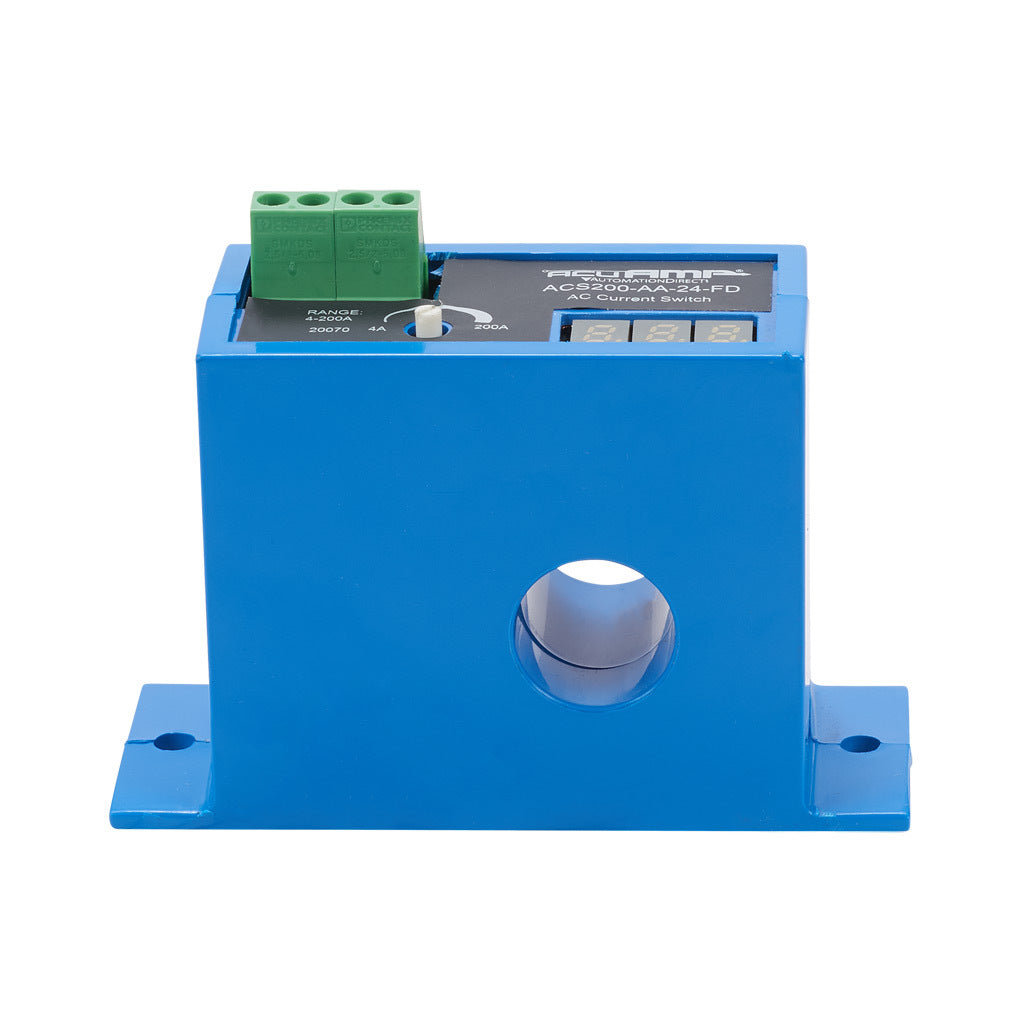 AcuAMP AC current switch, fixed core, 4-200A sensing range, 4-200A adjustable trip point, single-turn potentiometer with trip point display, solid state switch, N.O. output, 1A @ 240 VAC output rating.-ACS200-AA-24-FD