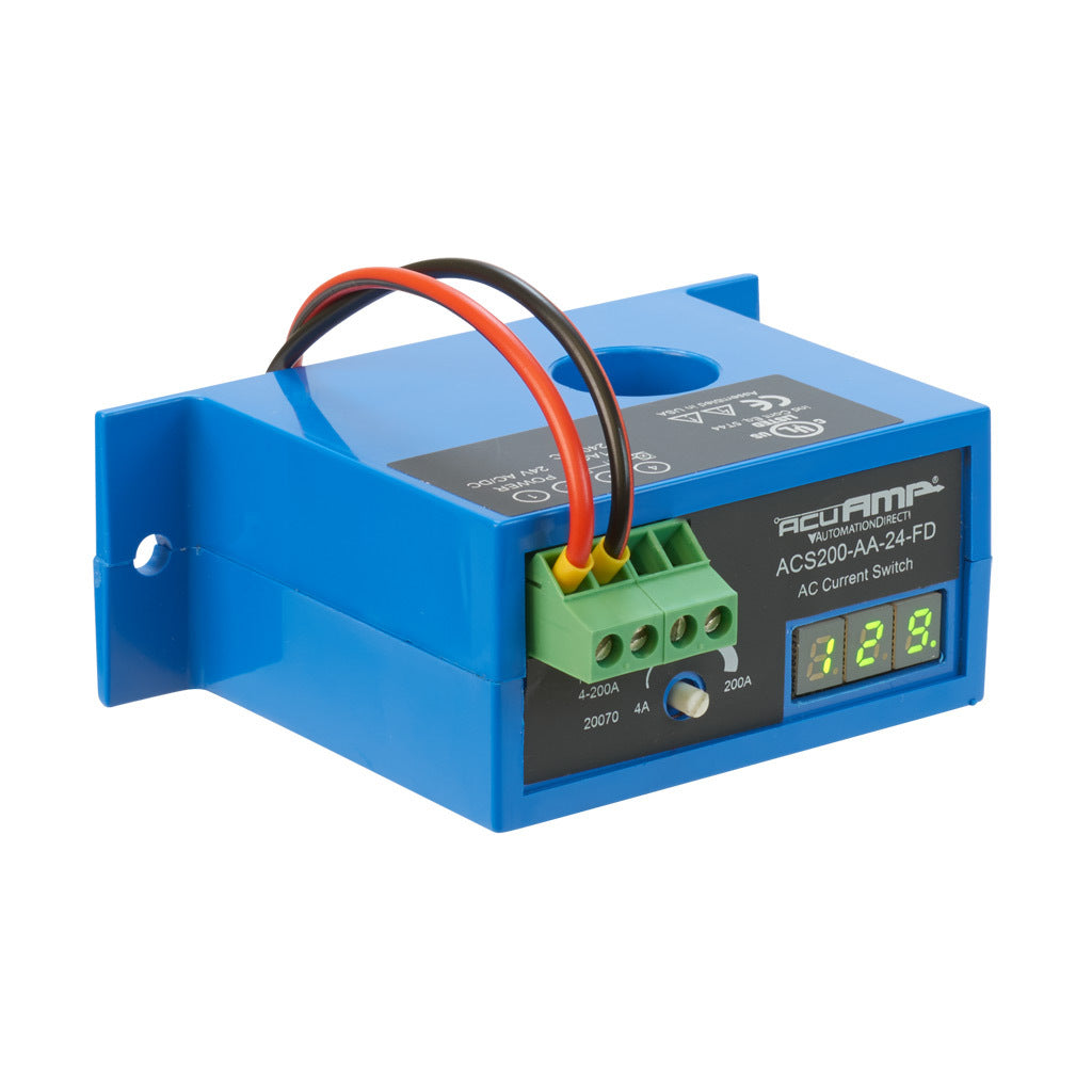 AcuAMP AC current switch, fixed core, 4-200A sensing range, 4-200A adjustable trip point, single-turn potentiometer with trip point display, solid state switch, N.O. output, 1A @ 240 VAC output rating.-ACS200-AA-24-FD