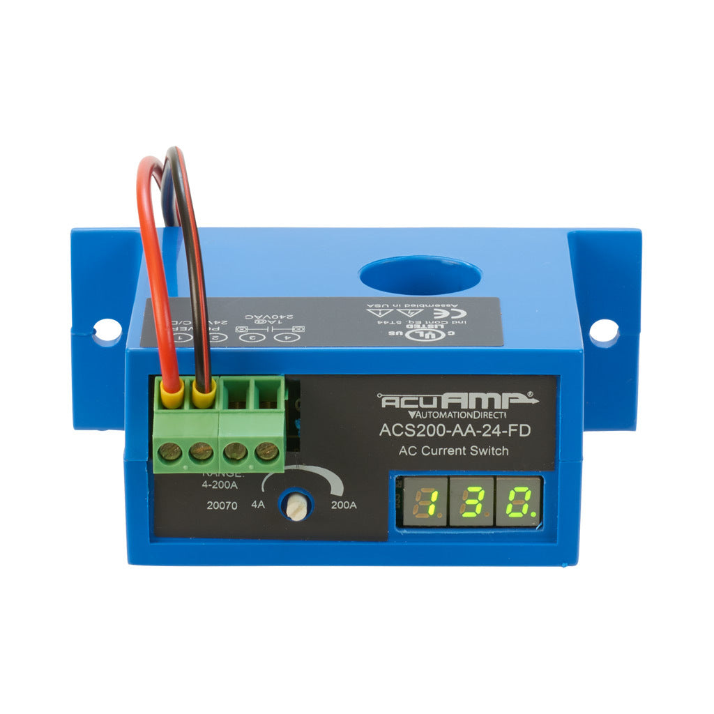 AcuAMP AC current switch, fixed core, 4-200A sensing range, 4-200A adjustable trip point, single-turn potentiometer with trip point display, solid state switch, N.O. output, 1A @ 240 VAC output rating.-ACS200-AA-24-FD