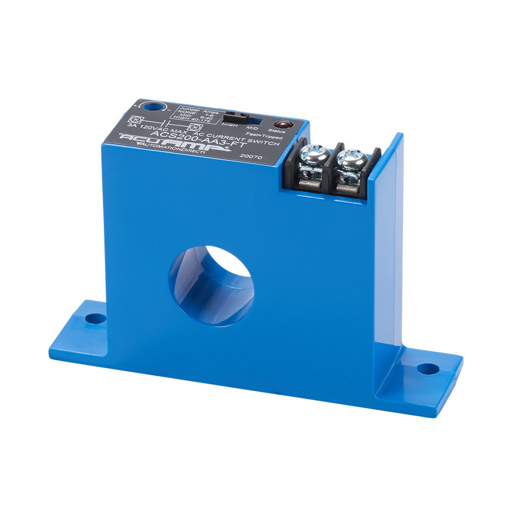 AcuAMP AC current switch, fixed core, 1-6, 6-40, or 40-175A selectable sensing range, 1-175A adjustable trip point, 15-turn potentiometer, solid state switch, N.O. output, 3A @ 120 VAC output rating.-ACS200-AA3-FT