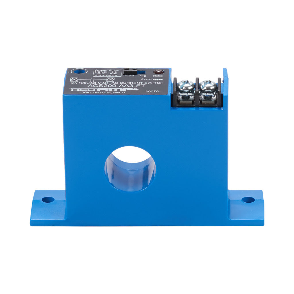 AcuAMP AC current switch, fixed core, 1-6, 6-40, or 40-175A selectable sensing range, 1-175A adjustable trip point, 15-turn potentiometer, solid state switch, N.O. output, 3A @ 120 VAC output rating.-ACS200-AA3-FT