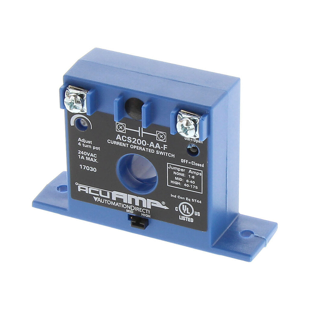 AcuAMP AC current switch, fixed core, 1-6, 6-40, or 40-175A selectable sensing range, 1-175A adjustable trip point, 4-turn potentiometer, solid state switch, N.O. output, 1A @ 240 VAC output rating.-ACS200-AA-F