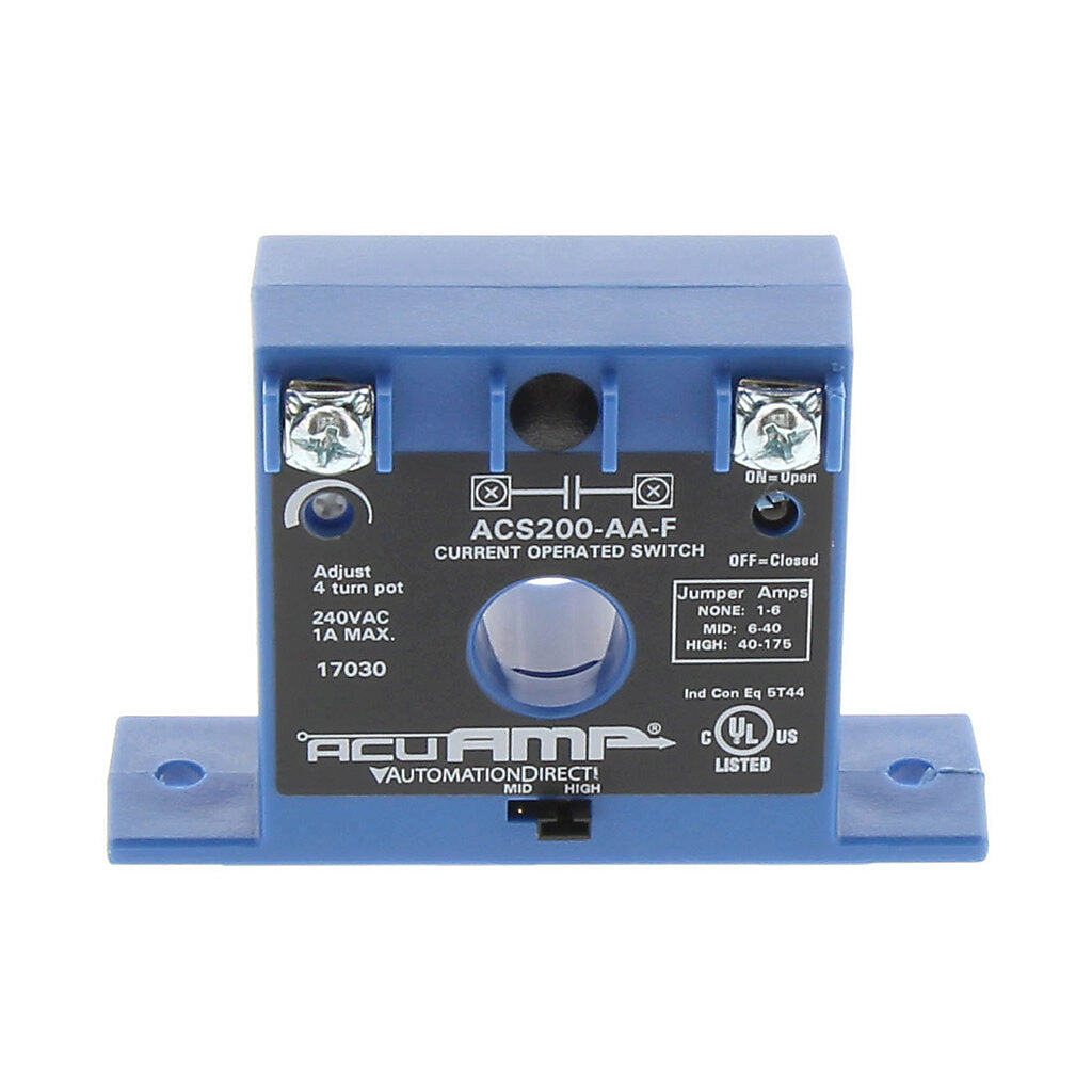 AcuAMP AC current switch, fixed core, 1-6, 6-40, or 40-175A selectable sensing range, 1-175A adjustable trip point, 4-turn potentiometer, solid state switch, N.O. output, 1A @ 240 VAC output rating.-ACS200-AA-F
