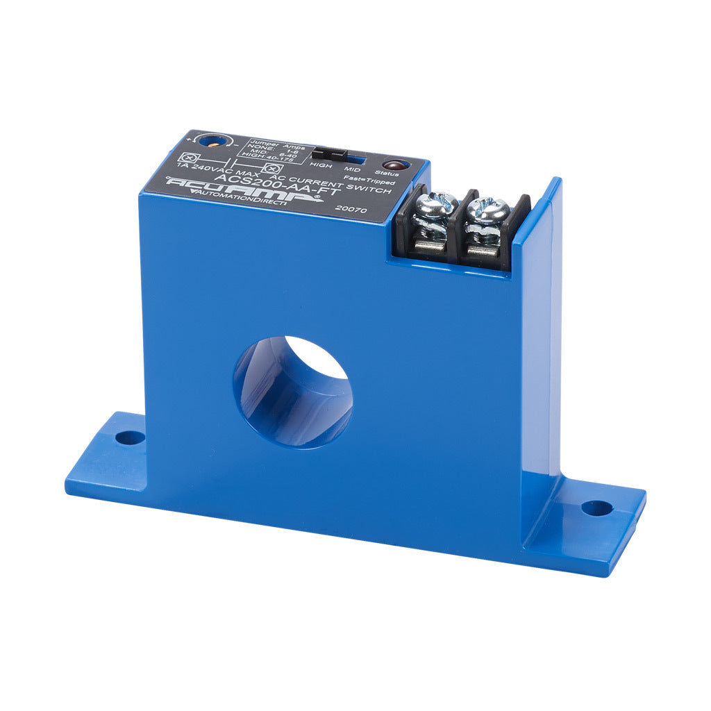 AcuAMP AC current switch, fixed core, 1-6, 6-40, or 40-175A selectable sensing range, 1-175A adjustable trip point, 15-turn potentiometer, solid state switch, N.O. output, 1A @ 240 VAC output rating.-ACS200-AA-FT