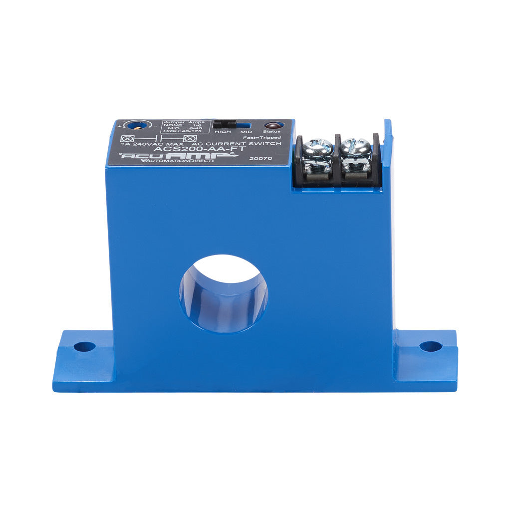 AcuAMP AC current switch, fixed core, 1-6, 6-40, or 40-175A selectable sensing range, 1-175A adjustable trip point, 15-turn potentiometer, solid state switch, N.O. output, 1A @ 240 VAC output rating.-ACS200-AA-FT