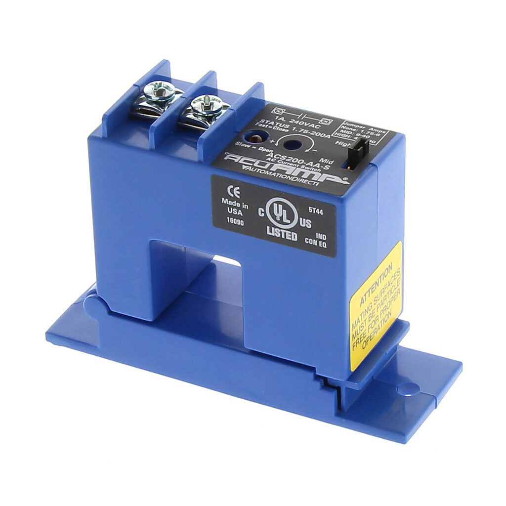 AcuAMP AC current switch, split core, 1.75-6, 6-40, or 40-200A selectable sensing range, 1.75-200A adjustable trip point, 4-turn potentiometer, solid state switch, N.O. output, 1A @ 240 VAC output rating.-ACS200-AA-S