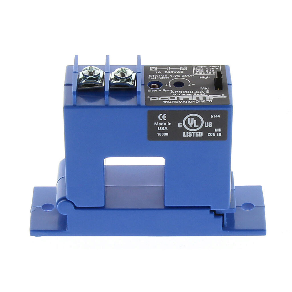 AcuAMP AC current switch, split core, 1.75-6, 6-40, or 40-200A selectable sensing range, 1.75-200A adjustable trip point, 4-turn potentiometer, solid state switch, N.O. output, 1A @ 240 VAC output rating.-ACS200-AA-S