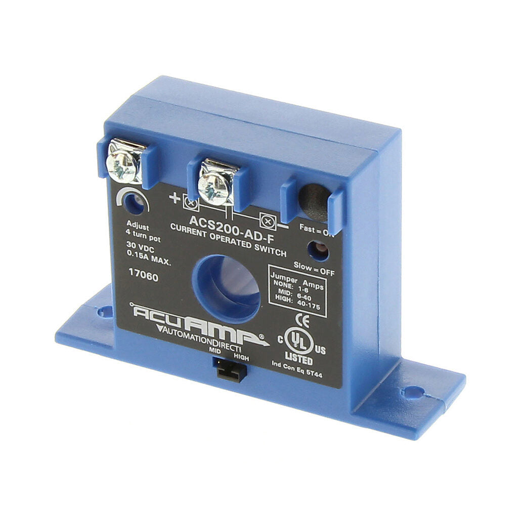 AcuAMP AC current switch, fixed core, 1-6, 6-40, or 40-175A selectable sensing range, 1-175A adjustable trip point, 4-turn potentiometer, solid state switch, N.O. output, 0.15A @ 30 VDC output rating.-ACS200-AD-F