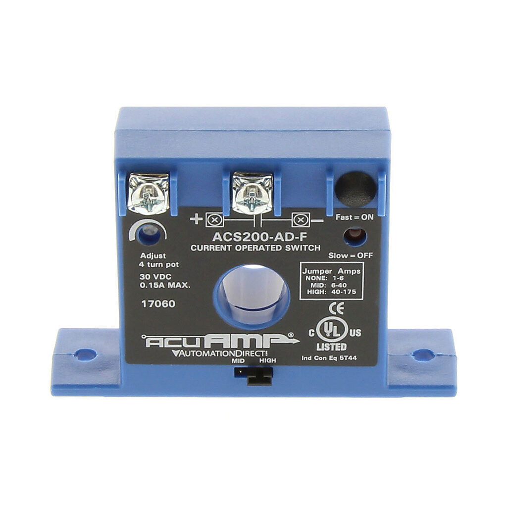AcuAMP AC current switch, fixed core, 1-6, 6-40, or 40-175A selectable sensing range, 1-175A adjustable trip point, 4-turn potentiometer, solid state switch, N.O. output, 0.15A @ 30 VDC output rating.-ACS200-AD-F