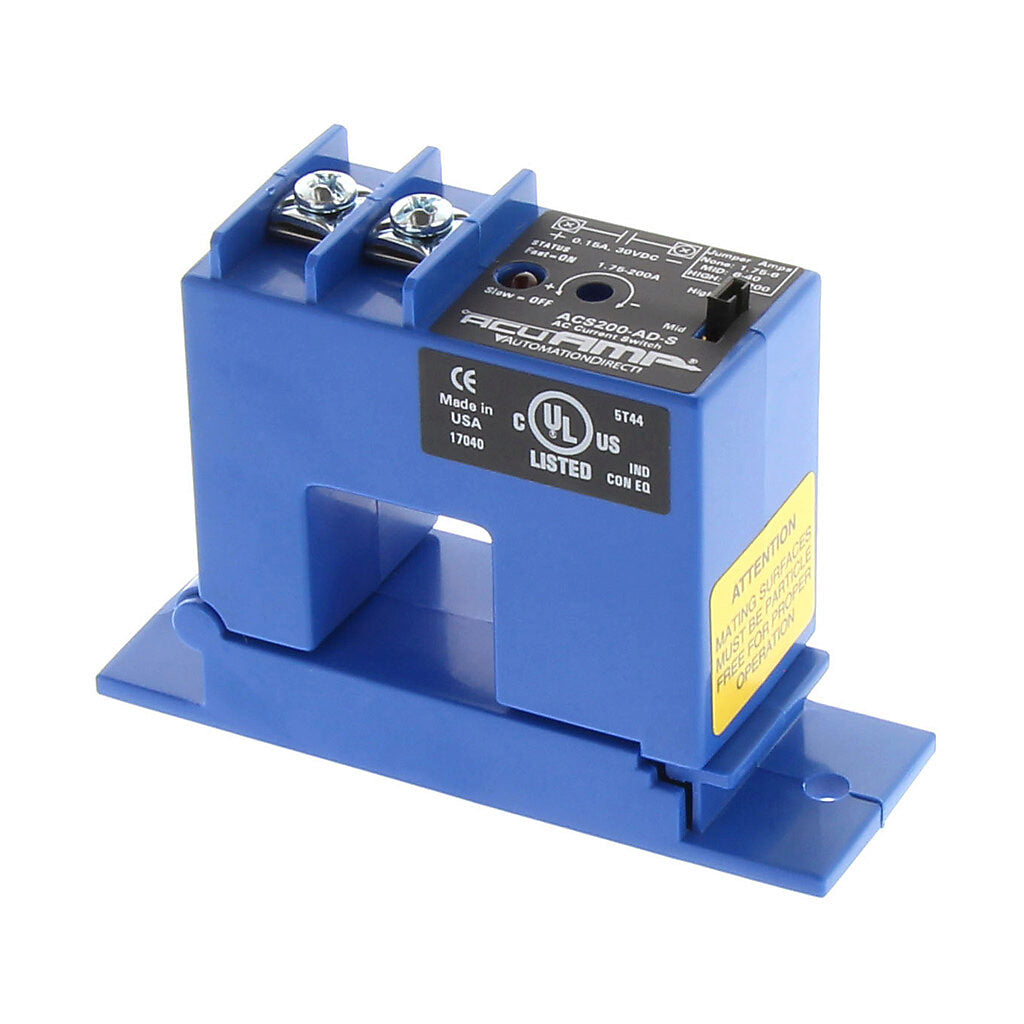 AcuAMP AC current switch, split core, 1.75-6, 6-40, or 40-200A selectable sensing range, 1.75-200A adjustable trip point, 4-turn potentiometer, solid state switch, N.O. output, 0.15A @ 30 VDC output rating.-ACS200-AD-S