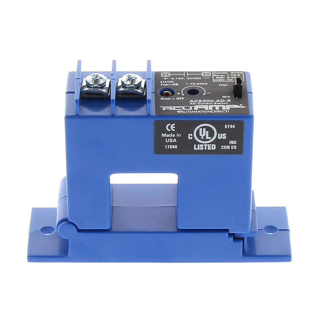 AcuAMP AC current switch, split core, 1.75-6, 6-40, or 40-200A selectable sensing range, 1.75-200A adjustable trip point, 4-turn potentiometer, solid state switch, N.O. output, 0.15A @ 30 VDC output rating.-ACS200-AD-S