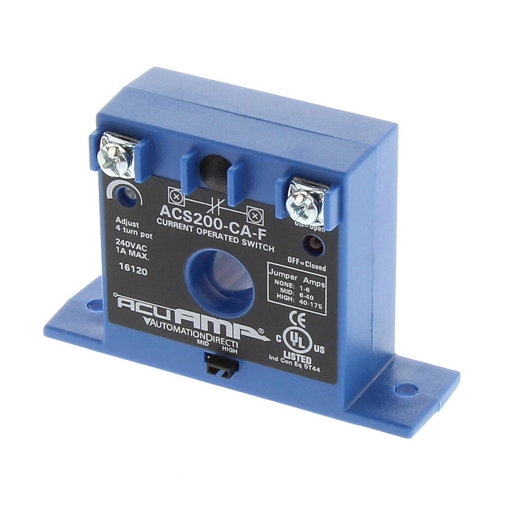AcuAMP AC current switch, fixed core, 1-6, 6-40, or 40-175A selectable sensing range, 1-175A adjustable trip point, 4-turn potentiometer, solid state switch, N.C. output, 1A @ 240 VAC output rating.-ACS200-CA-F