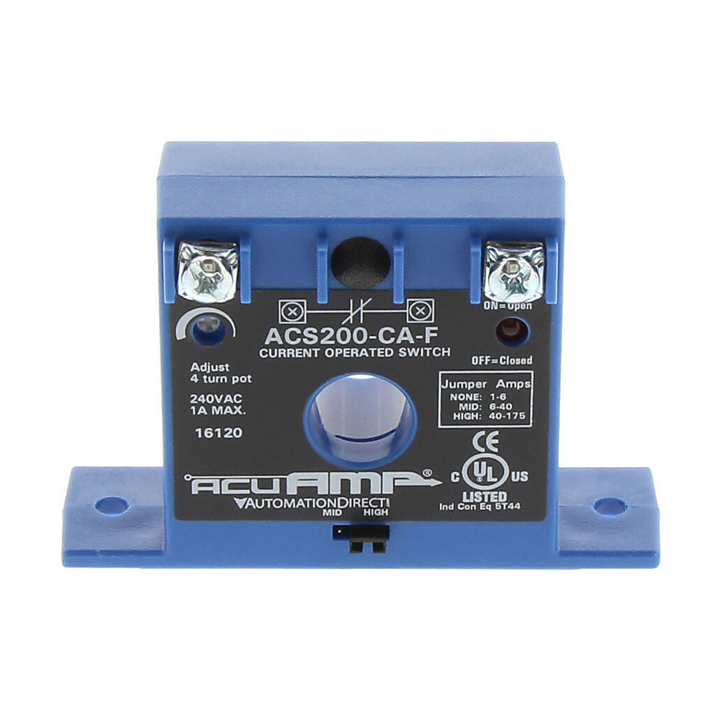 AcuAMP AC current switch, fixed core, 1-6, 6-40, or 40-175A selectable sensing range, 1-175A adjustable trip point, 4-turn potentiometer, solid state switch, N.C. output, 1A @ 240 VAC output rating.-ACS200-CA-F