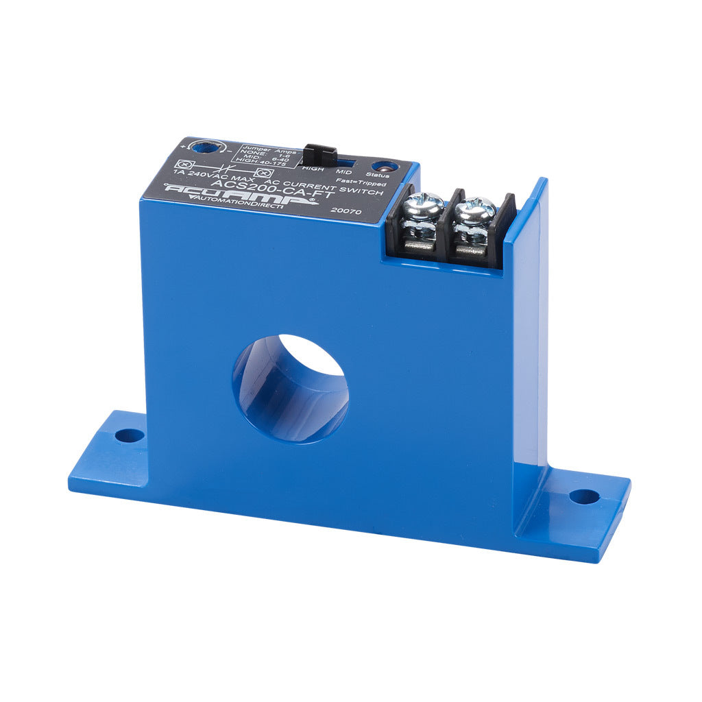 AcuAMP AC current switch, fixed core, 1-6, 6-40, or 40-175A selectable sensing range, 1-175A adjustable trip point, 15-turn potentiometer, solid state switch, N.C. output, 1A @ 240 VAC output rating.-ACS200-CA-FT
