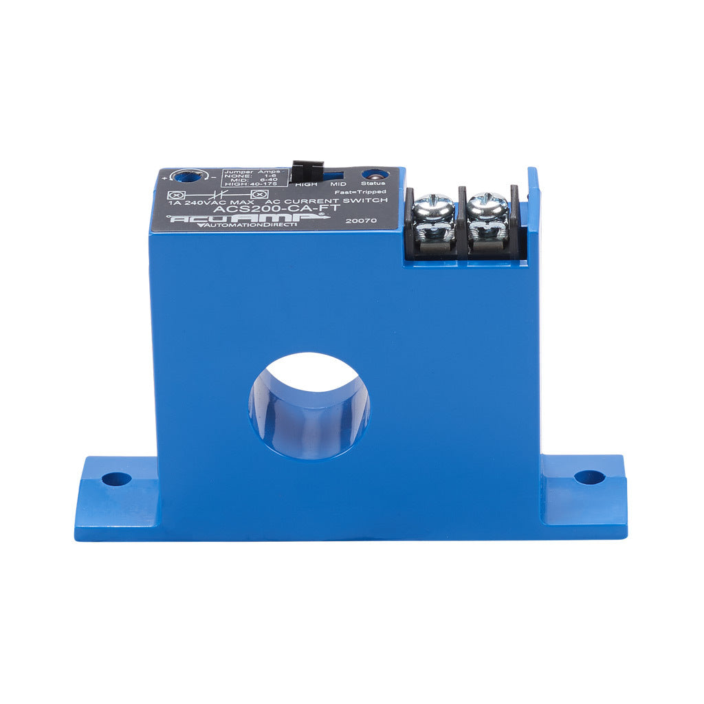 AcuAMP AC current switch, fixed core, 1-6, 6-40, or 40-175A selectable sensing range, 1-175A adjustable trip point, 15-turn potentiometer, solid state switch, N.C. output, 1A @ 240 VAC output rating.-ACS200-CA-FT