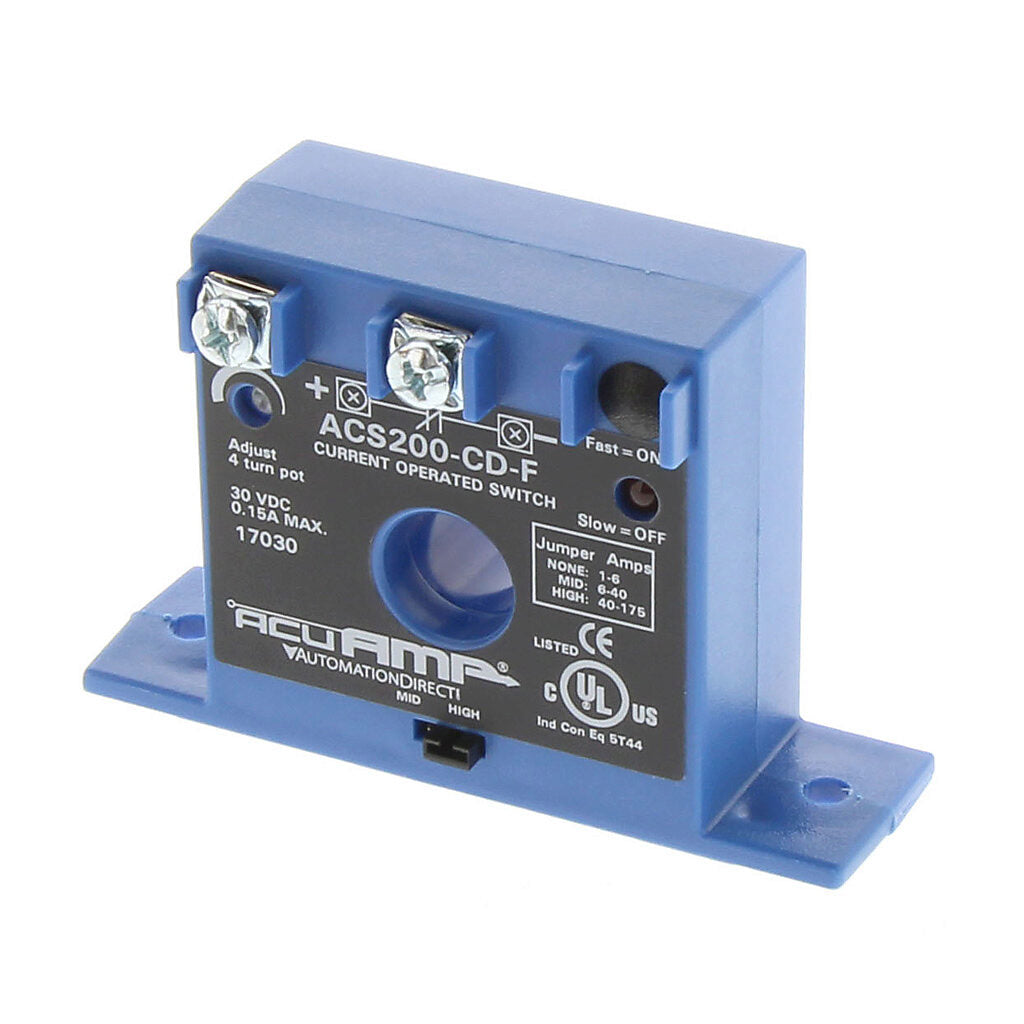 AcuAMP AC current switch, fixed core, 1-6, 6-40, or 40-175A selectable sensing range, 1-175A adjustable trip point, 4-turn potentiometer, solid state switch, N.C. output, 0.15A @ 30 VDC output rating.-ACS200-CD-F