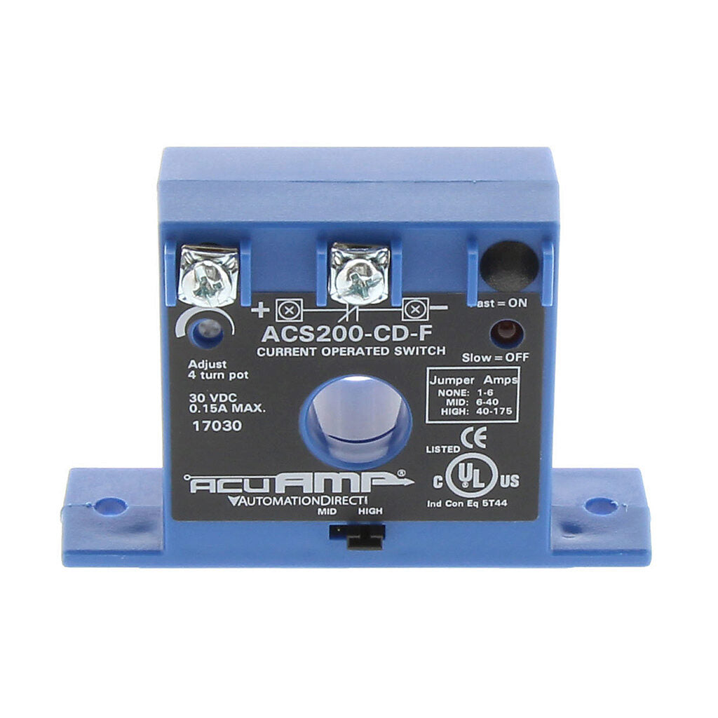 AcuAMP AC current switch, fixed core, 1-6, 6-40, or 40-175A selectable sensing range, 1-175A adjustable trip point, 4-turn potentiometer, solid state switch, N.C. output, 0.15A @ 30 VDC output rating.-ACS200-CD-F