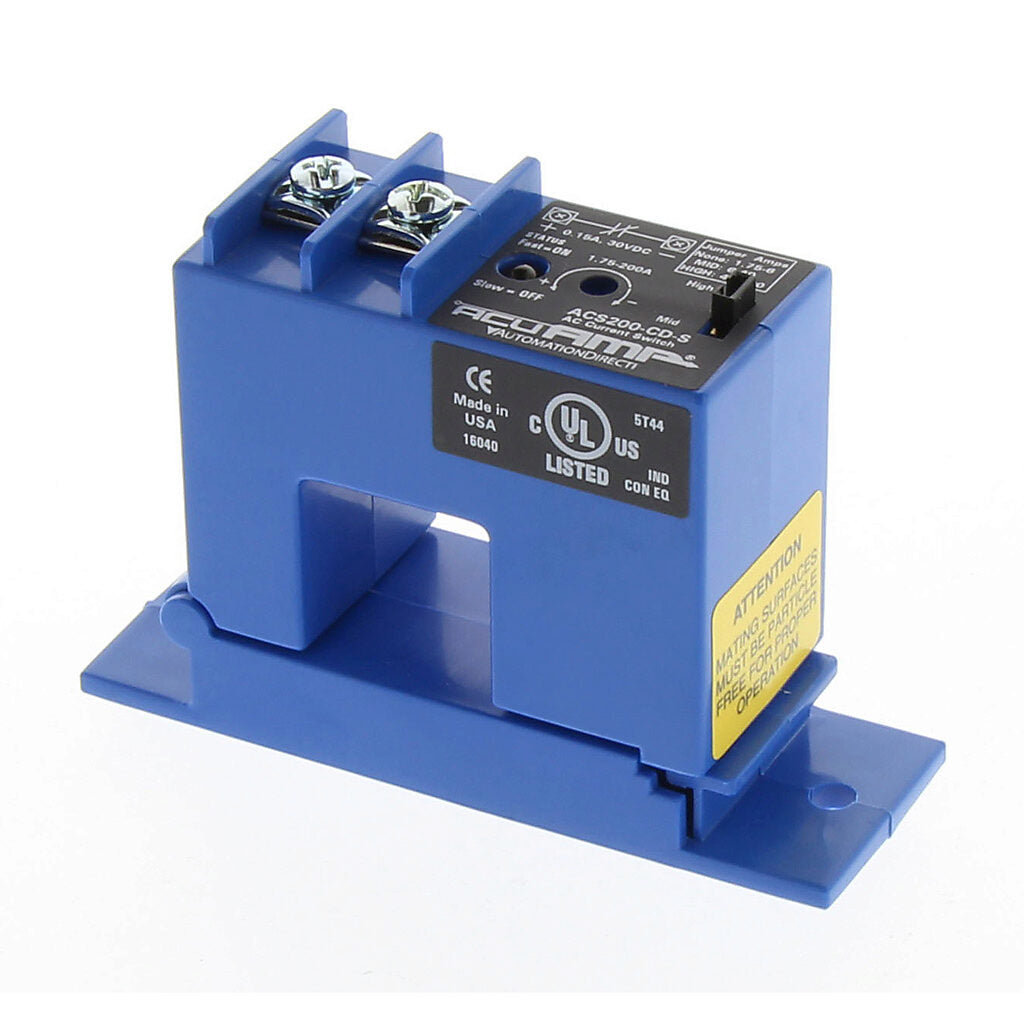 AcuAMP AC current switch, split core, 1.75-6, 6-40, or 40-200A selectable sensing range, 1.75-200A adjustable trip point, 4-turn potentiometer, solid state switch, N.C. output, 0.15A @ 30 VDC output rating.-ACS200-CD-S
