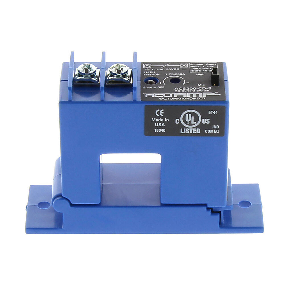 AcuAMP AC current switch, split core, 1.75-6, 6-40, or 40-200A selectable sensing range, 1.75-200A adjustable trip point, 4-turn potentiometer, solid state switch, N.C. output, 0.15A @ 30 VDC output rating.-ACS200-CD-S