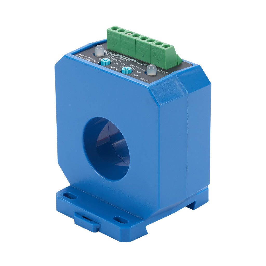 AcuAMP AC current switch, fixed core, 25-400A sensing range, (2) 25-400A adjustable trip point, (2) single-turn potentiometers, (2) SPDT relays output, 1A @ 120 VAC, 2A @ 30 VDC output rating.-ACS400-2C-24-F