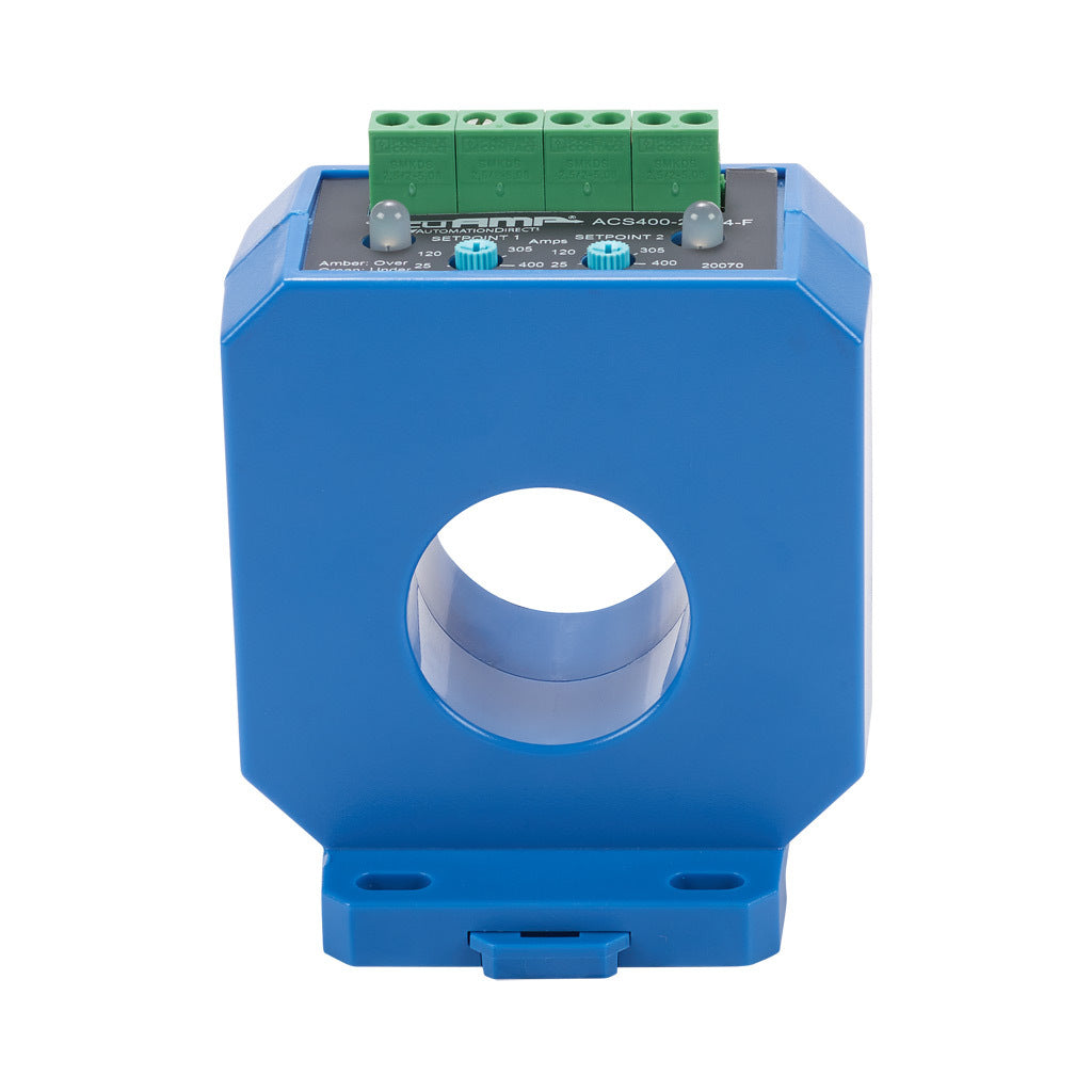 AcuAMP AC current switch, fixed core, 25-400A sensing range, (2) 25-400A adjustable trip point, (2) single-turn potentiometers, (2) SPDT relays output, 1A @ 120 VAC, 2A @ 30 VDC output rating.-ACS400-2C-24-F