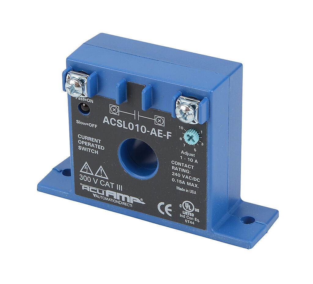 AcuAMP AC current switch, fixed core, 0-150A sensing range, 1-10A adjustable trip point, single-turn scaled potentiometer, solid state switch, N.O. output, 0.15A @ 240 VAC/VDC output rating.-ACSL010-AE-F