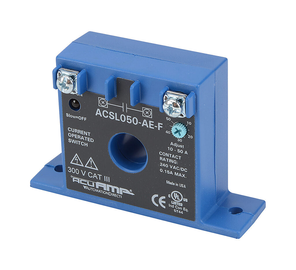 AcuAMP AC current switch, fixed core, 0-150A sensing range, 10-50A adjustable trip point, single-turn scaled potentiometer, solid state switch, N.O. output, 0.15A @ 240 VAC/VDC output rating.-ACSL050-AE-F
