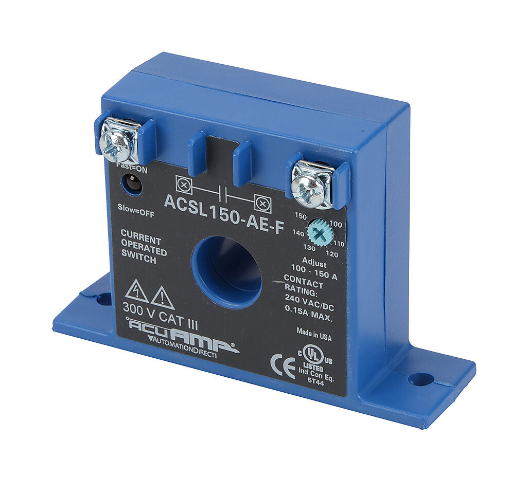 AcuAMP AC current switch, fixed core, 0-150A sensing range, 100-150A adjustable trip point, single-turn scaled potentiometer, solid state switch, N.O. output, 0.15A @ 240 VAC/VDC output rating.-ACSL150-AE-F