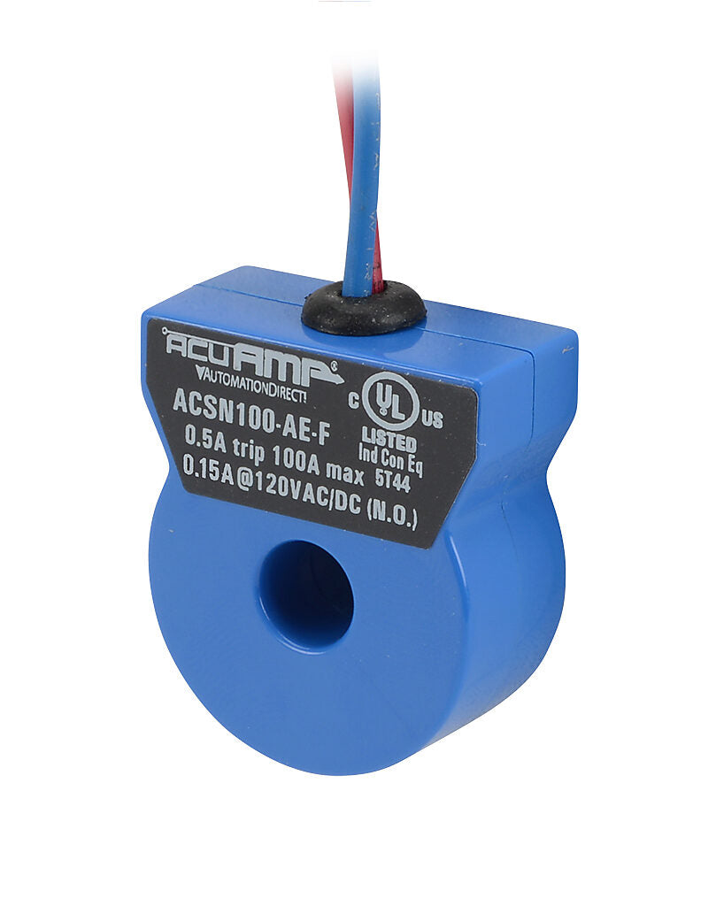 AcuAMP AC current switch, fixed core, 0-100A sensing range, 0.5A non-adjustable trip point, solid state switch, N.O. output, 0.15A @ 120 VAC/VDC output rating.-ACSN100-AE-F